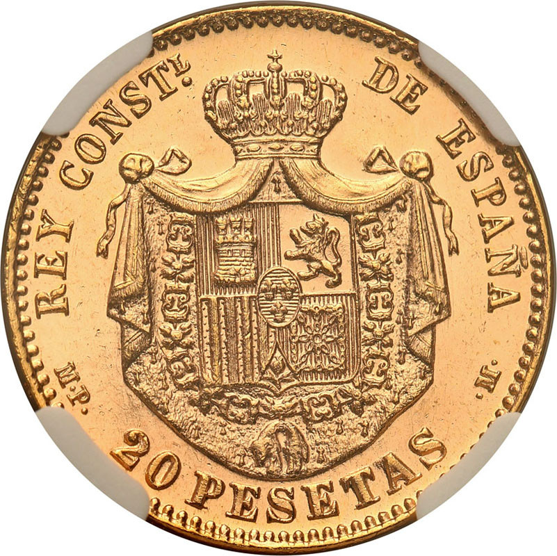 Hiszpania. Alfons XIII. 20 Pesetas 1887 nowe bicie (1961 r.) NGC MS63